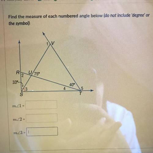 Please help!

Find the measure of each numbered angle below (do not include 'degree' or
the symbol