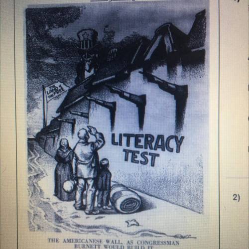 In the cartoon what is the significance of the family and the wall labeled “literacy test”?

A. Th