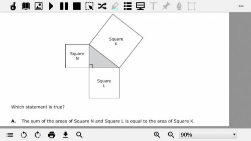The diagram shows three squares that are joined at vertices to form a right triangle. Which stateme