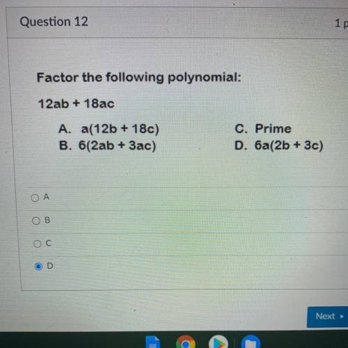 Factor the following polynomial:
12ab + 18ac