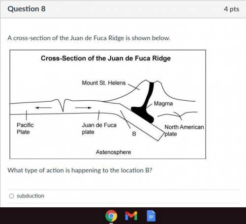 Please help me

What type of action is happening to location B?
Group of answer choices
subduction