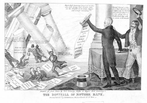 In the cartoon, Jackson is shown removing funds from the national bank. Why did he oppose the natio