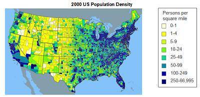 The map shows population density in the United States.

What kind of map is this?
choropleth
dot d