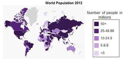 The map shows population distribution around the world by nation.

Which two continents are the mo