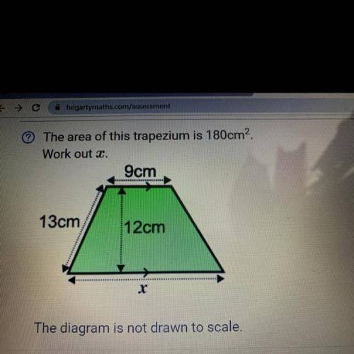 The area of this trapezium is 180cm?.

Work out x.
9cm
13cm
12cm
The diagram is not drawn to scale
