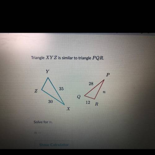 Triangle XY Z is similar to triangle PQR.
Solve for n.