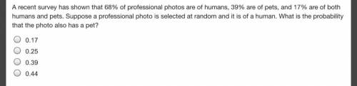 A recent survey has shown that 68% of professional photos are of humans, 39% are of pets, and 17% a