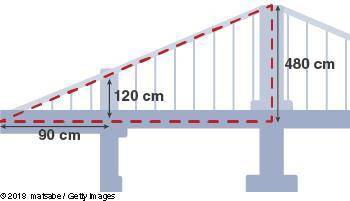 The image shows two posts on a suspension bridge, where the hypotenuse of the sketched triangle is
