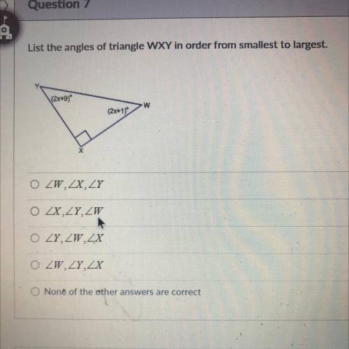 List the angles of triangle WXY in order from smallest to largest.
