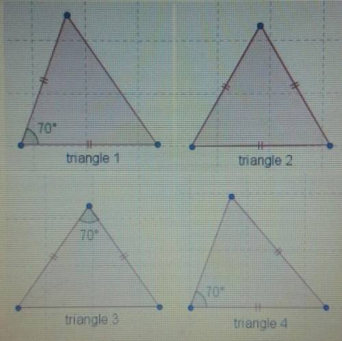 Which triangles in the diagram are congruent?

A. triangle 1 and triangle 2B. triangle 1, triangle