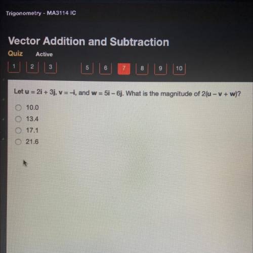 Let u = 2i + 3j, v=-i, and w = 5i - 6j. What is the magnitude of 2(u-V + w)?