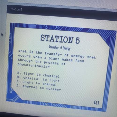 O 0

STATION 5
Transfer of Energy
What is the transfer of energy that
occurs when
a plant makes fo
