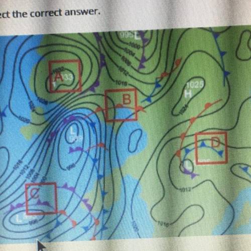 Select the correct answer

B
On the map, which symbol represents a cold front? Choose the correct