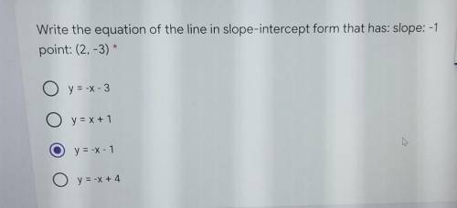 Write the equation of the line in slope-intercept form that has: slope: -1 point: (2, -3)