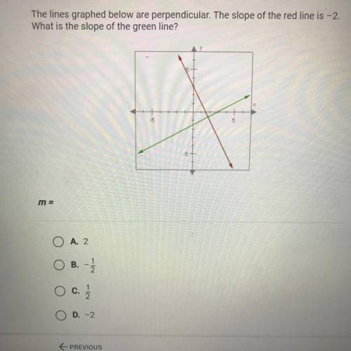 Question 22 of 25

The lines graphed below are perpendicular. The slope of the red line is -2.
Wha
