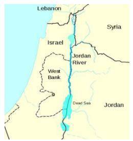 A cartographic map of countries around the Jordan River and the Dead Sea. Clockwise, countries labe