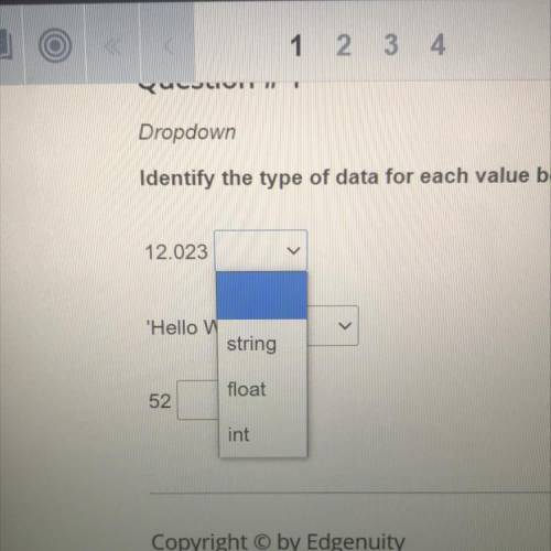 Identify the type of data for each value below.
12.023
Hello World
52