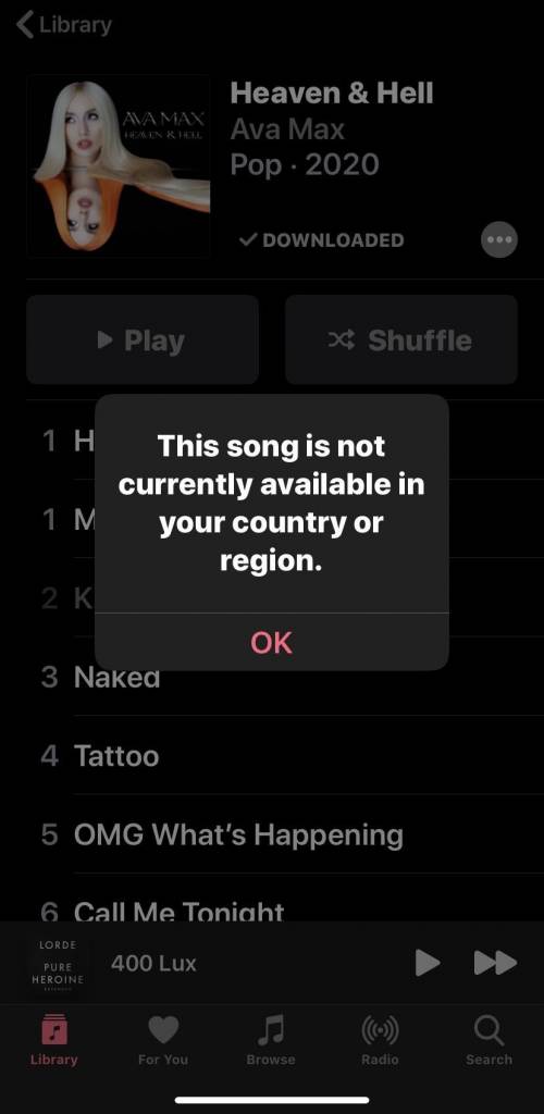 Someone explain why Apple Music says kings & Queens or take you to hell is not available in my
