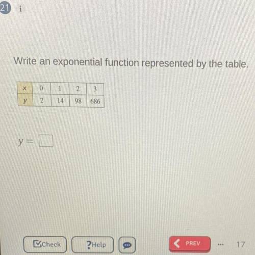 Write an exponential function represented by the table.

х
0
1
2
3
y у
2
14
98
686
y=