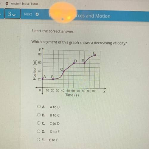 Post Test: Forces and Motion

Select the correct answer.
Which segment of this graph shows a decre