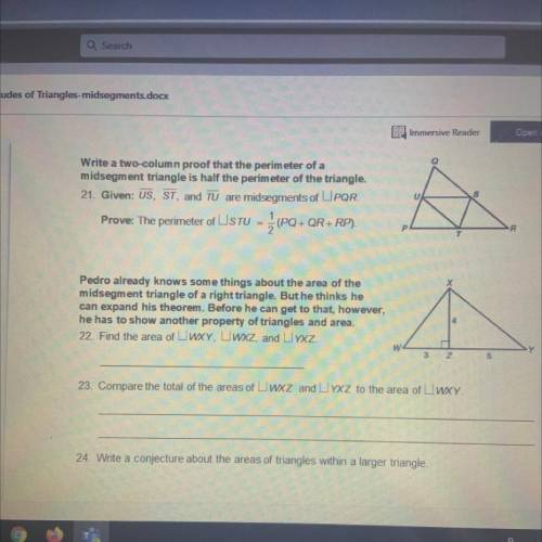 Write a two column proof that the perimeter of a mid segment triangle is half the perimeter of the