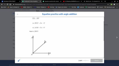Equation practice with angle addition
Find m∠BOCm.