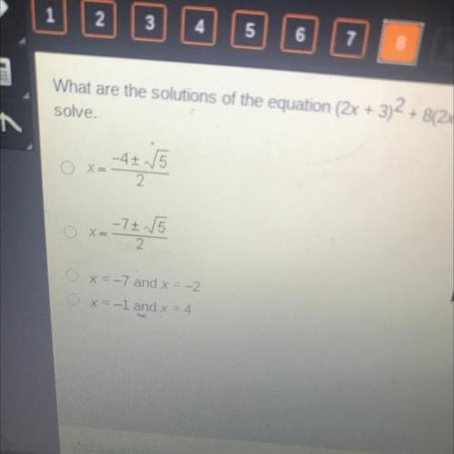 The (2x + 3) ^ 2 + 3(2x + 3) + 11 = 0 Use u substitution and the quadratic formuta to solve.