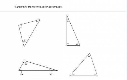 Determine the missing angle in each triangle.