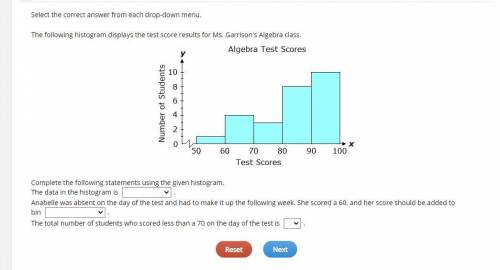 The following histogram displays the test score results for Ms. Garrison's Algebra class.

Drop do