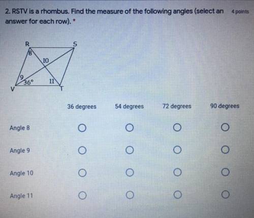 RSTV is a rhombus. Find the measure of the following angles (select an answer for each row)
