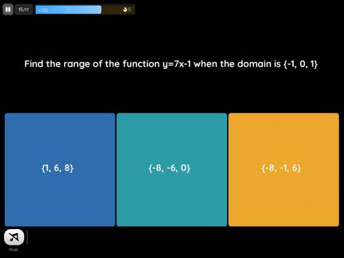 Find the range of the function y=7x-1 when the domain is {-1, 0, 1}