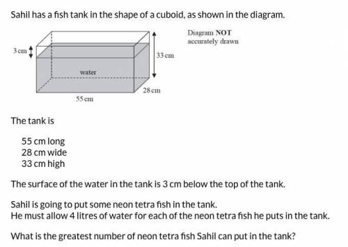 Sahil has a fish tank in the shape of a cuboid, as shown in the diagram.

The tank is
55 cm long
2