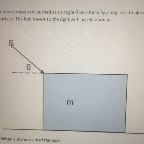 A box of mass m is pushed at an angle 0 by a force Fp along a frictionless surface. The box travels