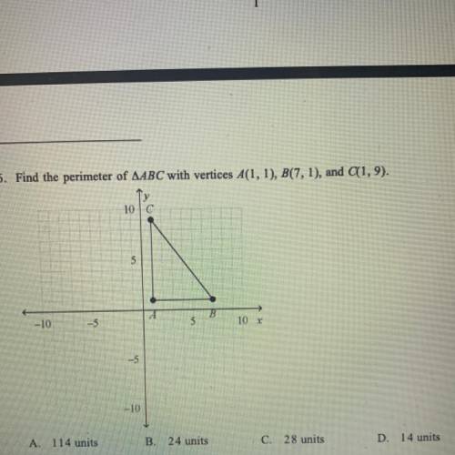 PLEASE HELP 
Find the perimeter of AABC with vertices A(1, 1), B(7, 1), and C(1,9).
