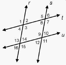 Parallel lines r and s are cut by two transversals, parallel lines t and u.

Lines r and s are cro