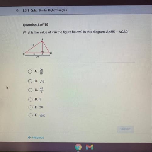 What is the value of x in the figure below? In this diagram, AABD - ACAD.

15
B
х
D
20
o
A.
15
B.