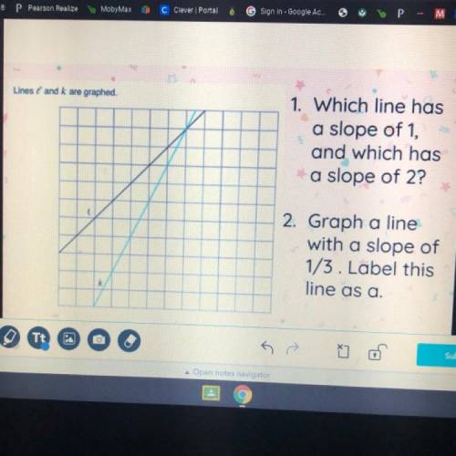 Lines and k are graphed.

1. Which line has
a slope of 1,
and which has
a slope of 2?
2. Graph a l