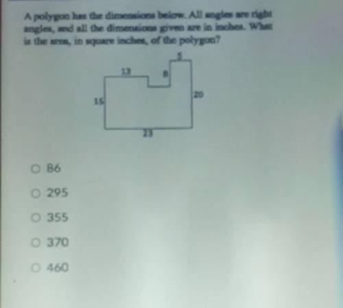 A polygon has the dimensions below. All angles are right angles, and all the dimensions given are i