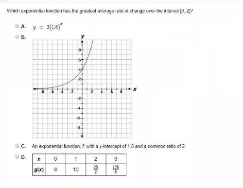 25 POINTSSSS PLEASE HELP ME I NEED HELP!!! PLZZZ

Which exponential function has the greatest aver