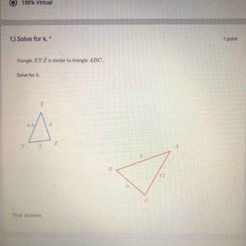 PLEASE HELP. Triangle XY Z is similar to triangle ABC.
Solve for k.