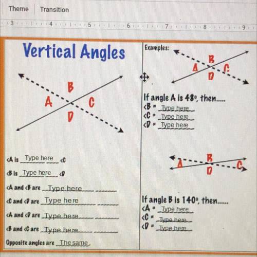 Examples:

Words to help
Vertical Angles
De
Equal to
Supplementary angles
Complementary angles
B
A