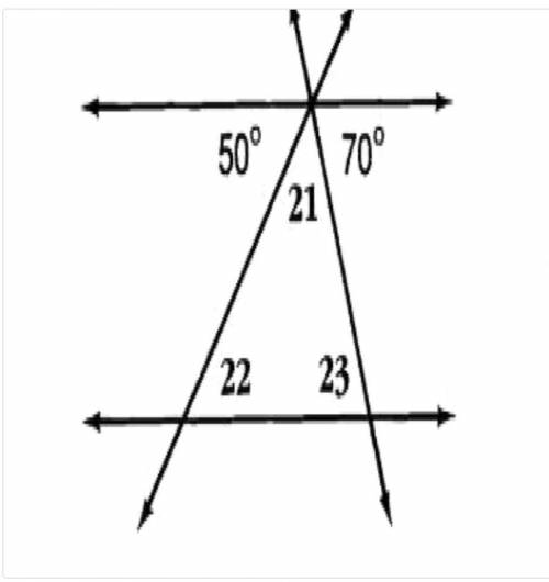 Find the measure of each missing angle

Angle 21 =
Angle 22 =
Angle 23 = 
What is the sum of angle