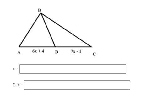 50 Points
In the following triangle BD is a median.
Find x and the measure of CD.