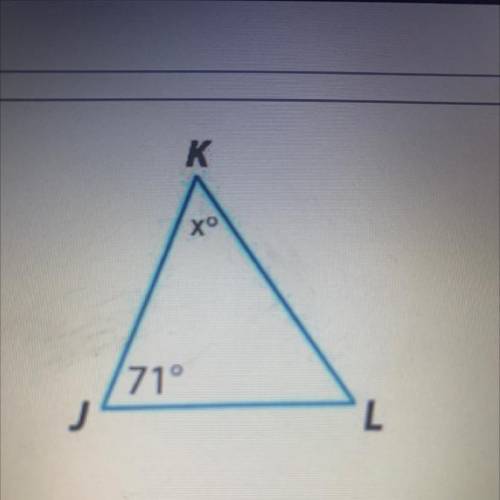 In triangle JKL what is the value of x° if JK = KL
A) 38°
B) 60°
C) 69°
D) 71°