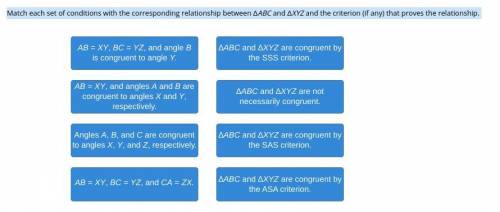 Match each set of conditions with the corresponding relationship between ∆ABC and ∆XYZ and the crit
