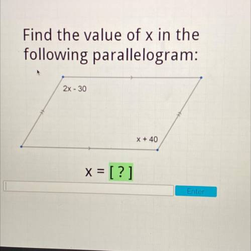 Find the value of x in the following parallelogram: 2x-30, x+40