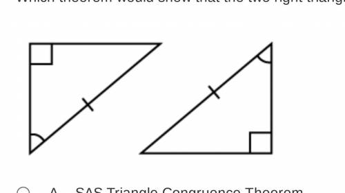 PLZ Help! Which theorem would show that the two right triangles are congruent?

A. SAS Triangle Co