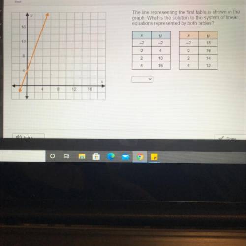 Please hurry

The line representing the first table is shown in the
graph. What is the solution to