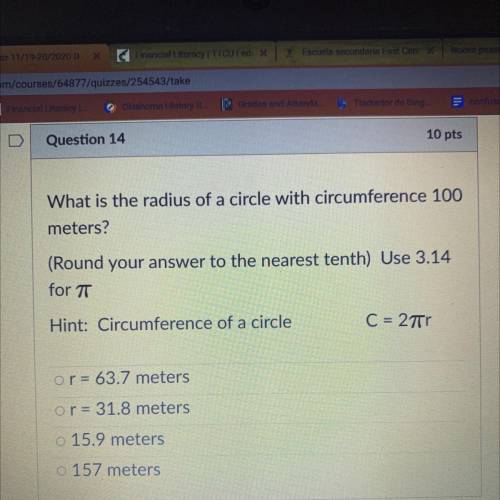 What is the radius of a circle with circumference 100

meters?
(Round your answer to the nearest t