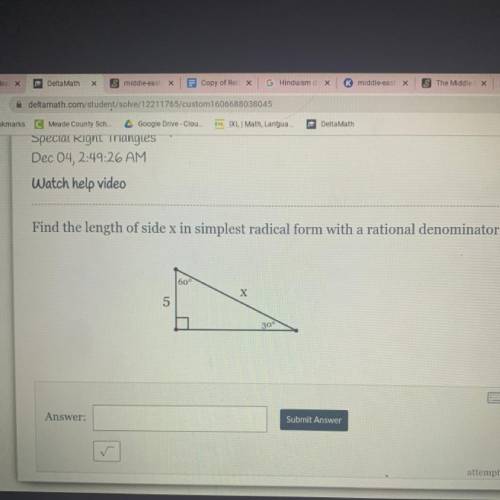 Find the length of side x in simplest radical form with a rational denominator.

60°
X
5
30°